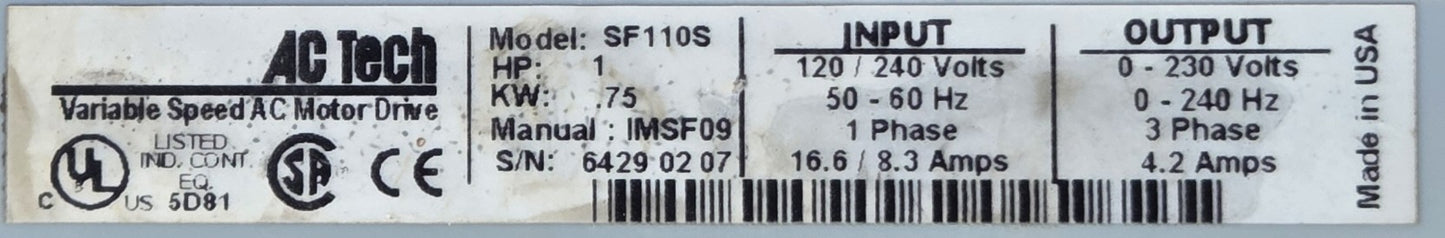 C Tech Model SF110S 1 HP 0.75 kW Variable Speed AC Motor Drive