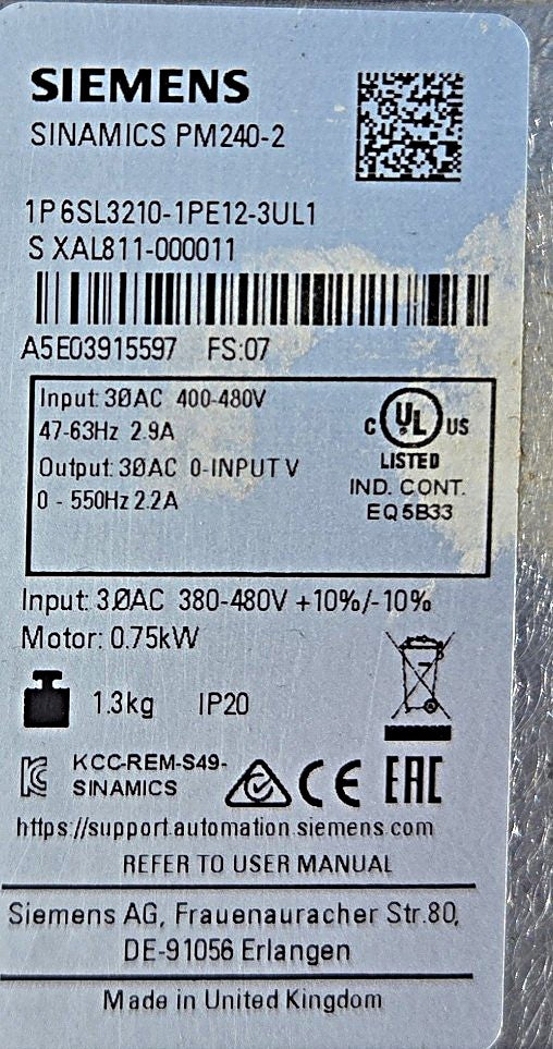 Siemens PM240-2 0.75kW 1HP Variable Frequency Drive