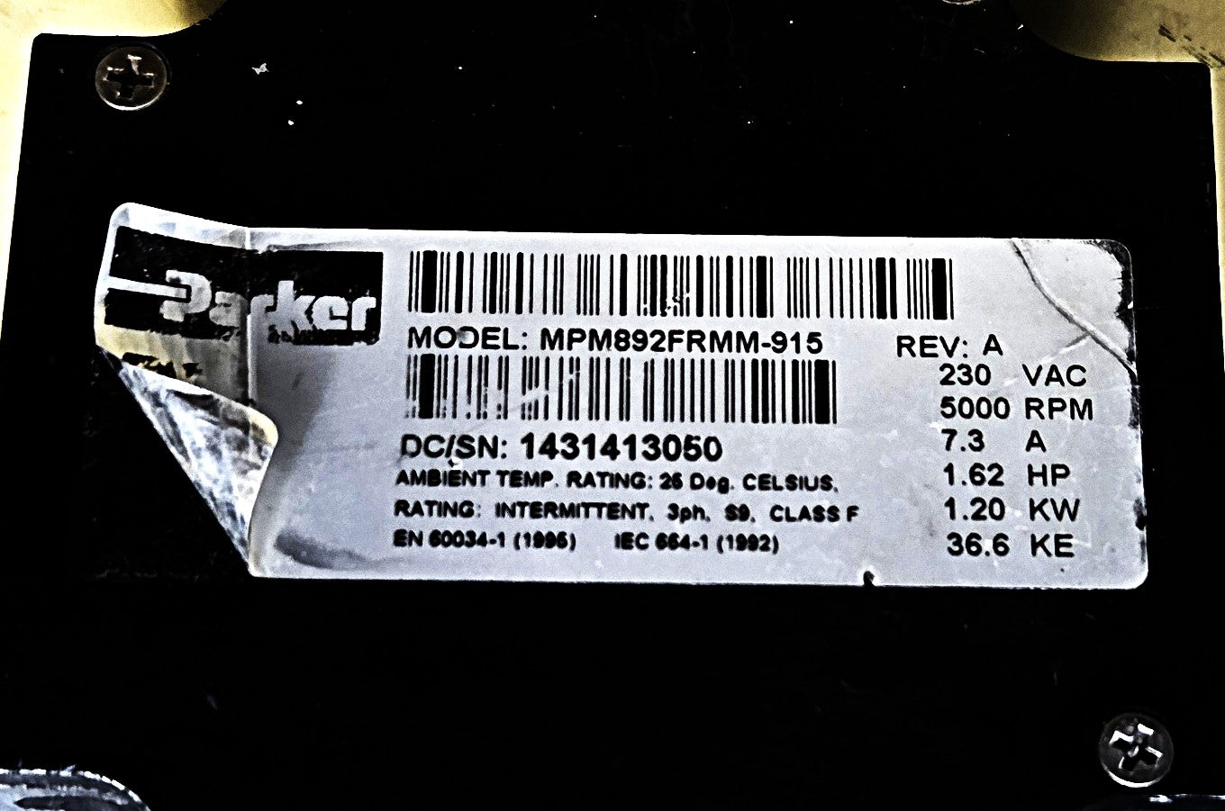 Parker MPM892FRMM-915 AC Servo Motor 230V 1.62HP 5000RPM 3ph
