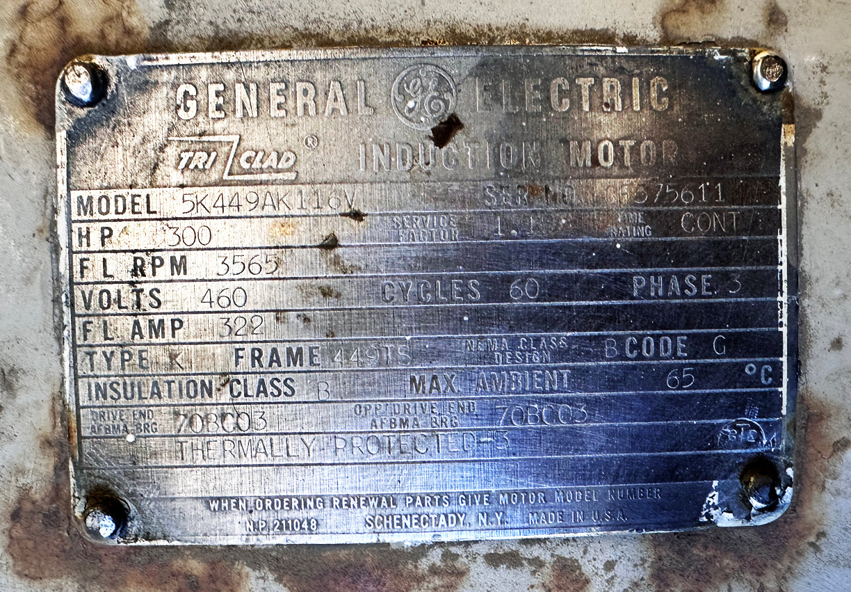 General Electric 300 HP, 460 V, 3565 RPM Induction Motor