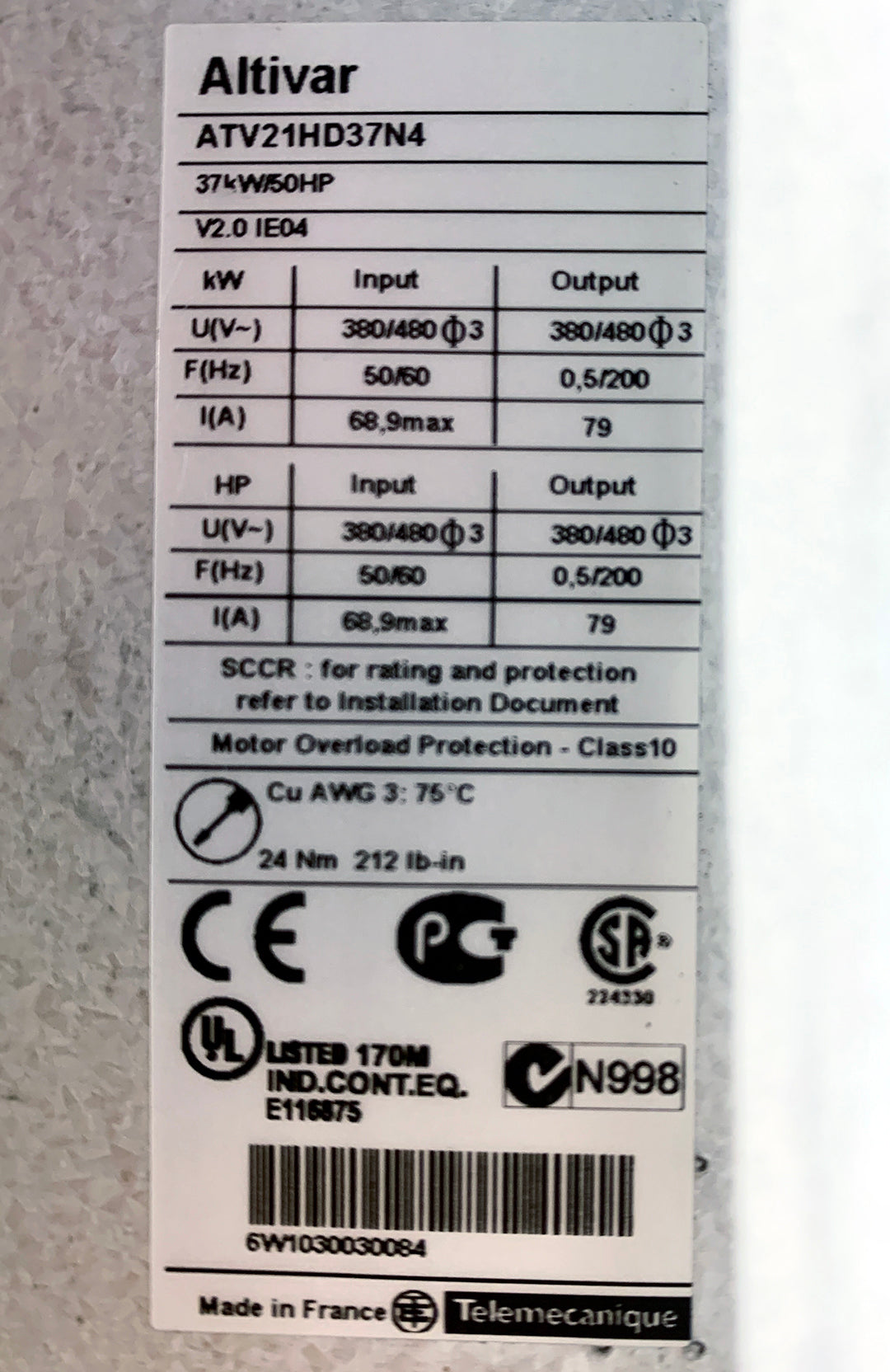 Telemecanique / Schneider Electric ATV21HD37N4 50 HP Variable Speed Drive