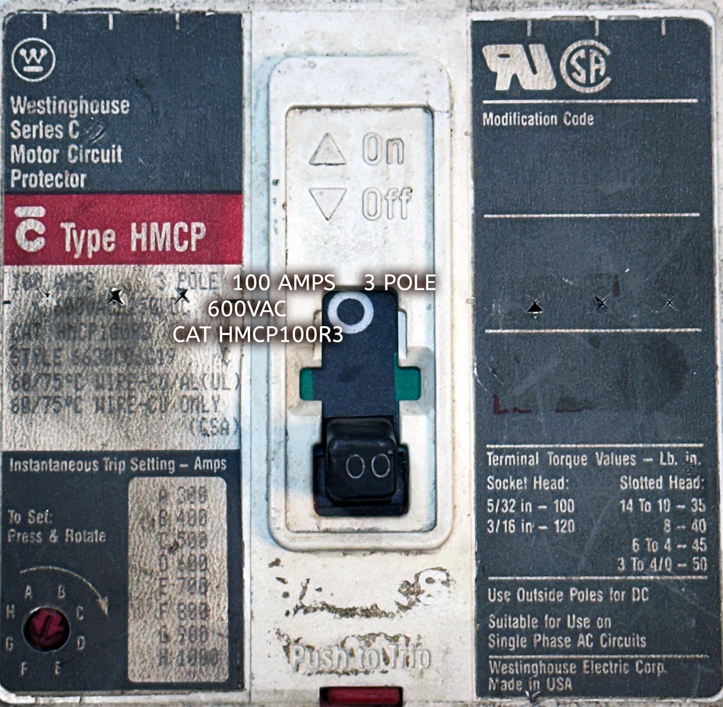 Westinghouse HMCP100R3 100A, 600V Motor Circuit Breaker