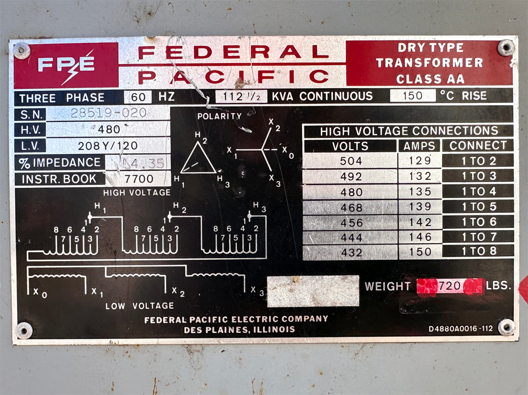 Federal Pacific 112.5 kVA | 480 V | 280Y / 120 L.V. Dry Type Transformer