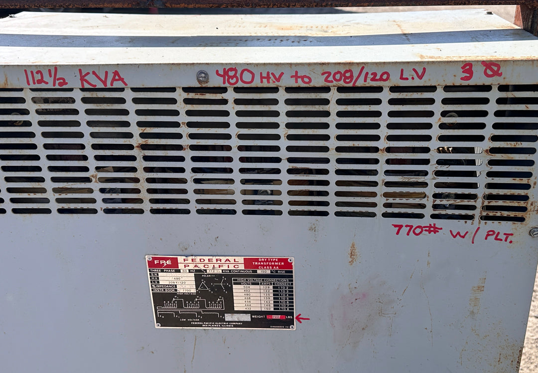 Federal Pacific 112.5 kVA | 480 V | 280Y / 120 L.V. Dry Type Transformer