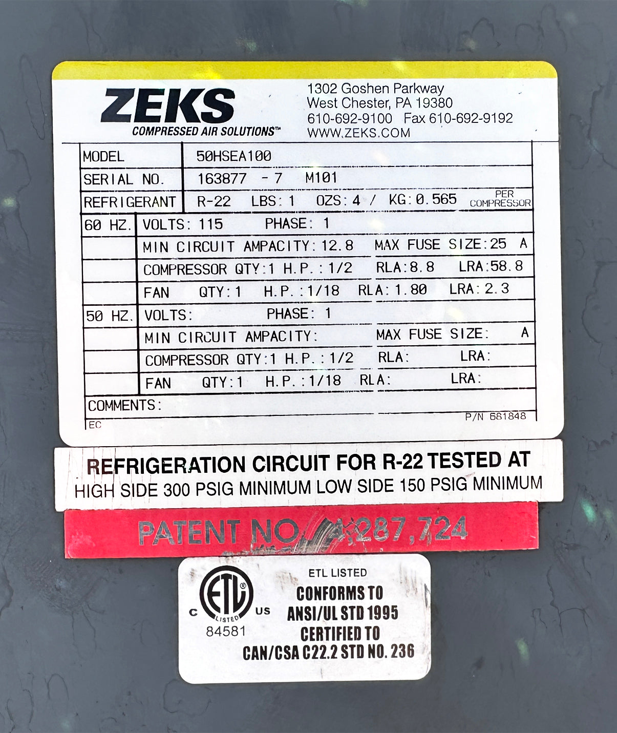ZEKS 50HSEA100 Refrigerated Air Dryer