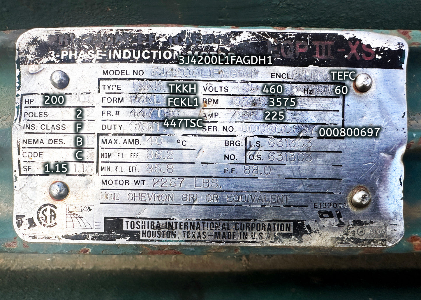 Toshiba 3J4200L1FAGDH1 3-Phase Induction Motor w/ Flanged Housing & Coupling Element