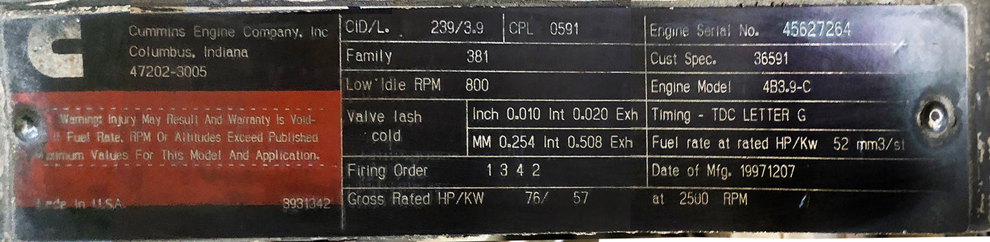 1997 Cummins 4B3.9-C 3.9L Engine (CORE)