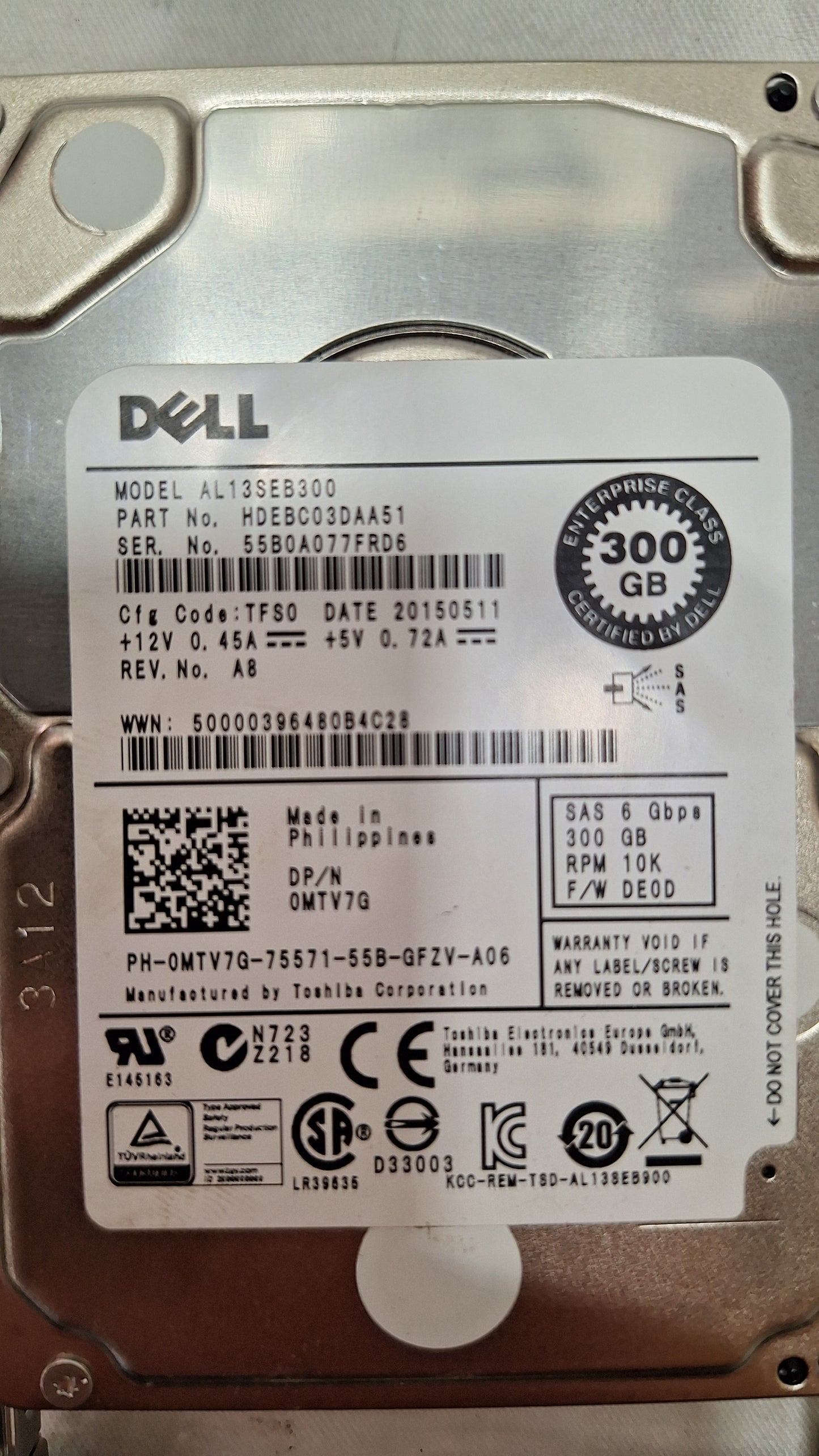 Toshiba 300GB HDD 10K RPM 2.5" SAS Model: AL13SEB300 DP/N: MTV7G