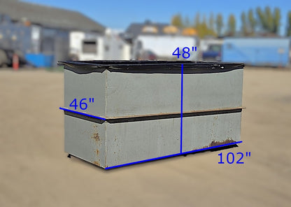  Exterior three-quarter view with blue dimension overlays indicating a 102" overall length, 46" overall width, and 48" overall height.
