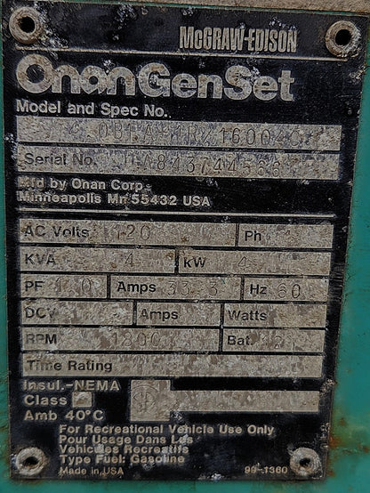Onan 4.0 RV GenSet 33.3 Gas Generator Amp 120V
