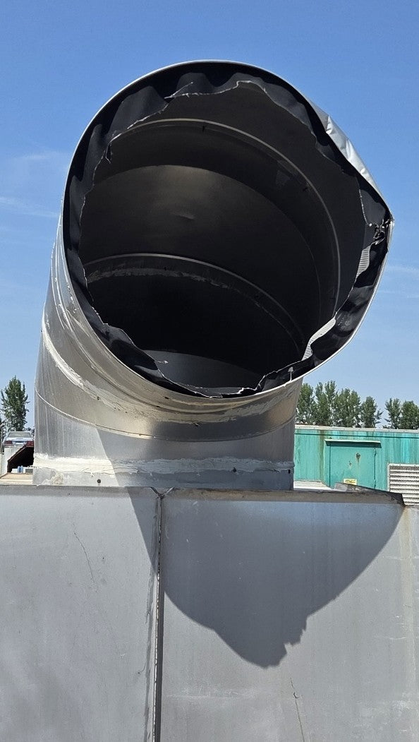Annotated photo noting the exact measurements: 18' length, 4' width, 5' height, and 32.5" duct diameter.
