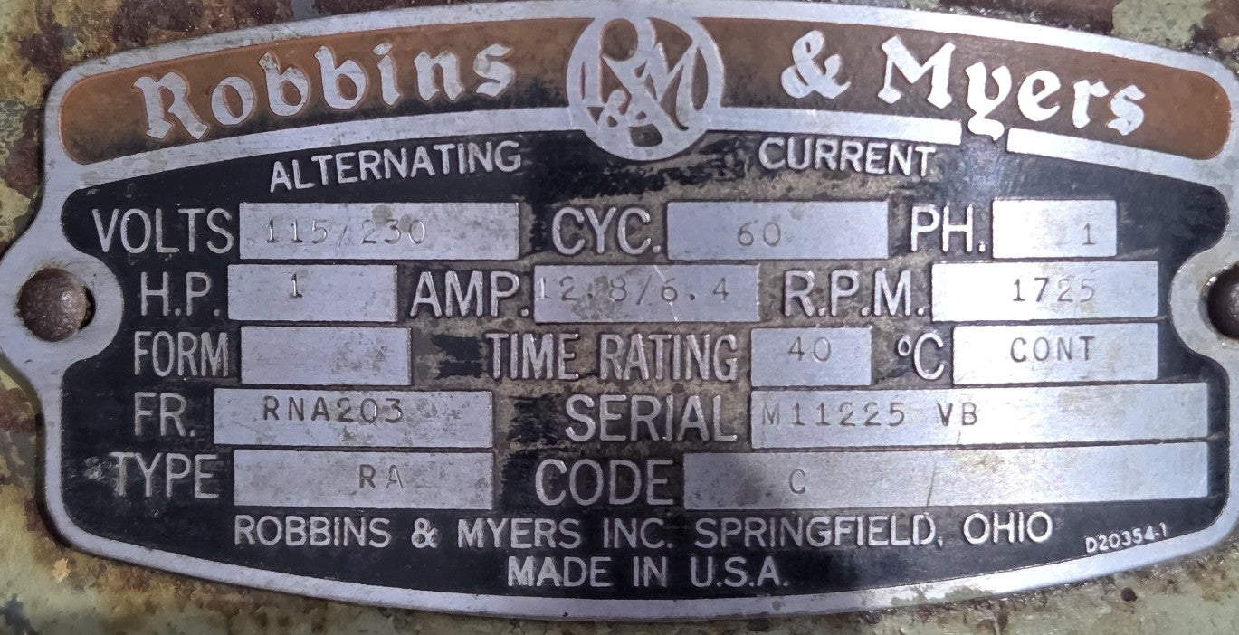 Robbins & Myers 1 HP Repulsion Induction AC Motor Type RA