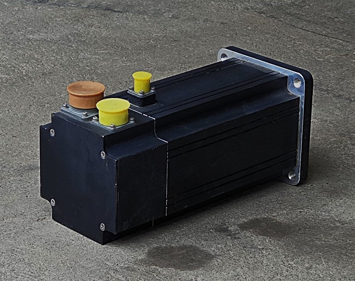 Control Techniques MHE-455-CBNS-0000 3-phase servo motor left side view showing smooth black casing structural extrusions and silver front flange
