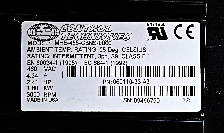 Control Techniques 2.41 HP AC Servo Motor MHE-455 460VAC 3-Phase