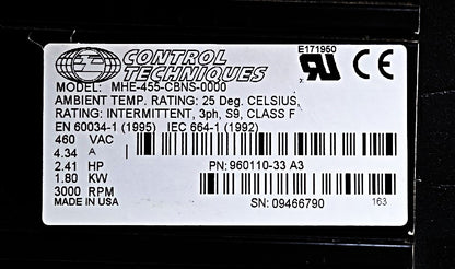 Control Techniques 2.41 HP AC Servo Motor MHE-455 460VAC 3-Phase