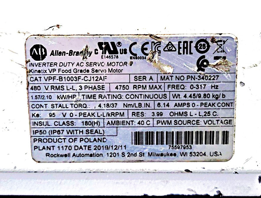 Allen-Bradley VPF-B1003F-CJ12AF Kinetix VP Servo Motor 480V 2.1HP
