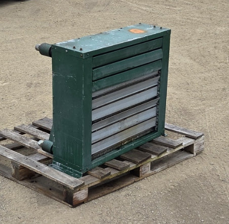  Front angle view of the green Young OCS air-cooled oil cooler showing the adjustable horizontal louvers and top/bottom threaded pipe connections.