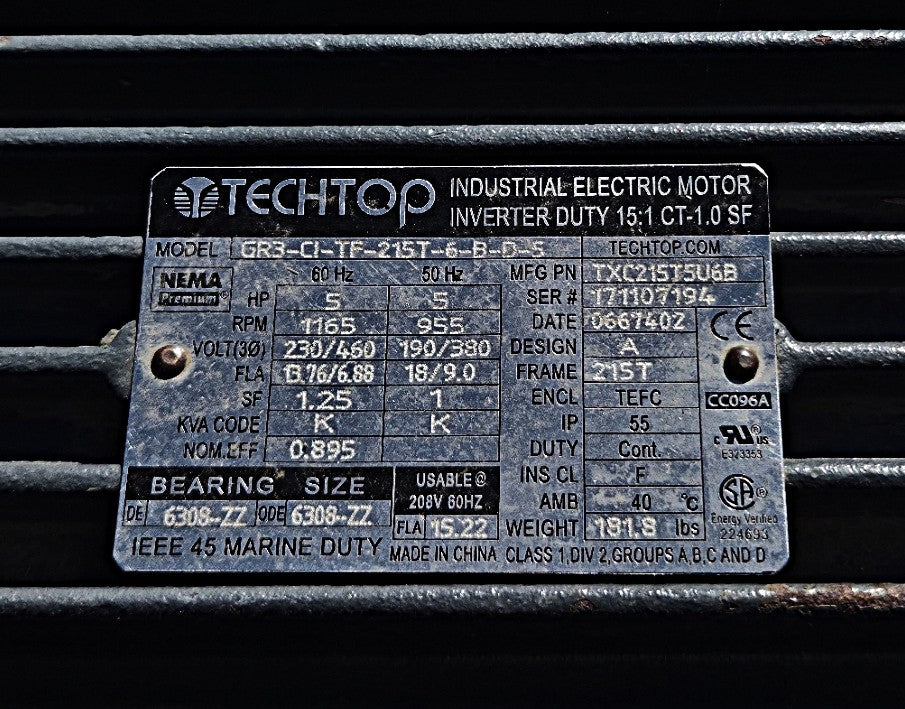 Techtop data plate showing 5 HP, 1165 RPM, 230/460V, 215T frame, TEFC, and model TXC215T5U6B.
