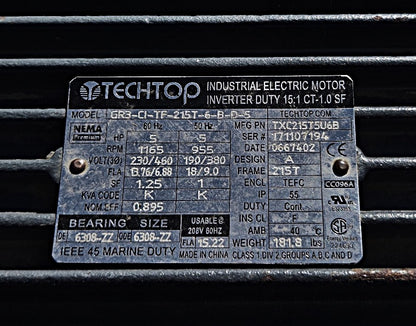 Techtop data plate showing 5 HP, 1165 RPM, 230/460V, 215T frame, TEFC, and model TXC215T5U6B.