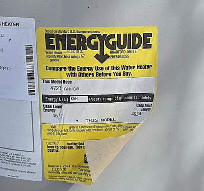 EnergyGuide label detailing a 67-gallon first hour rating and 4721 kWh estimated yearly energy use for model M2HE50S6DS5.