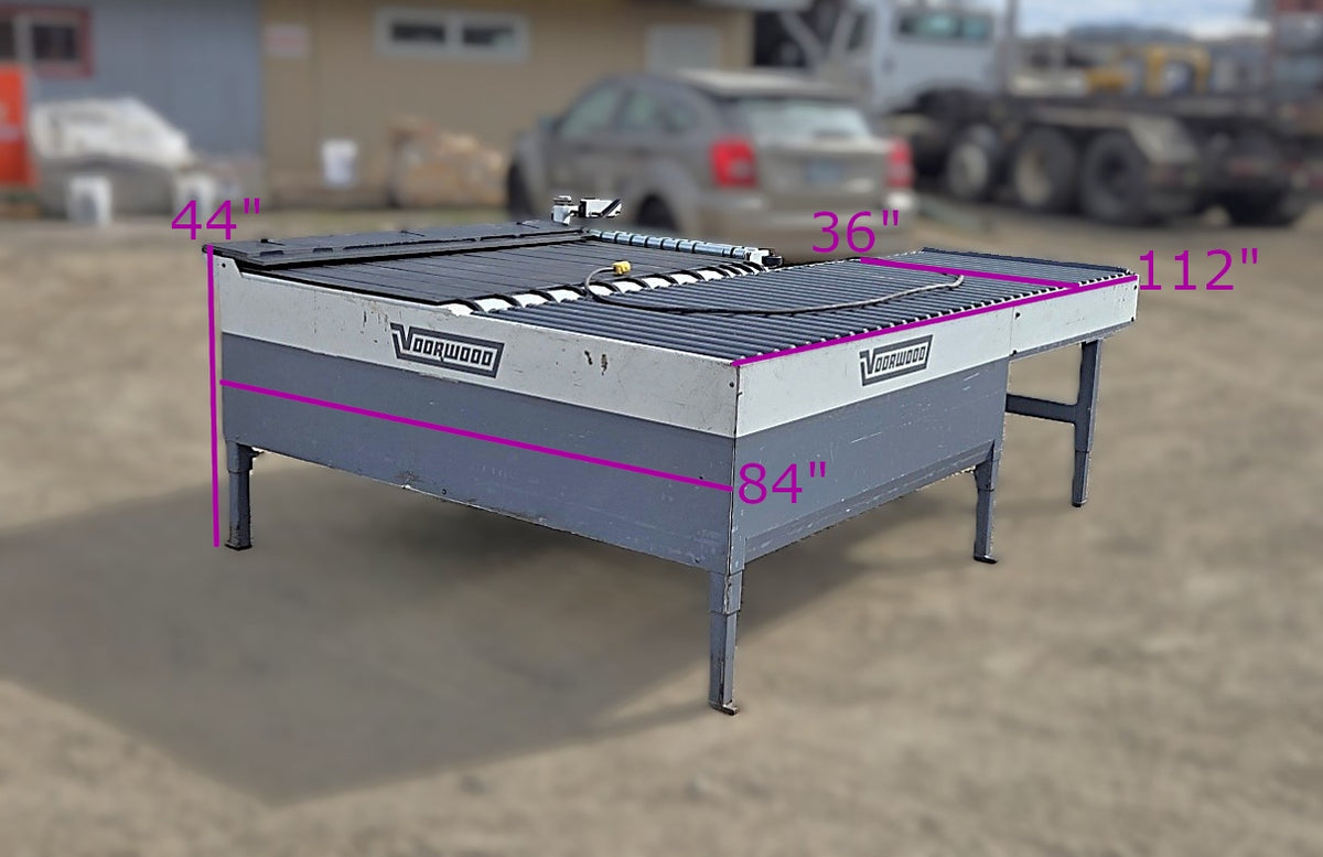 Conveyor overview with overlaid pink dimensions indicating 112" overall length, 84" frame width, 44" depth, and 36" protrusion.