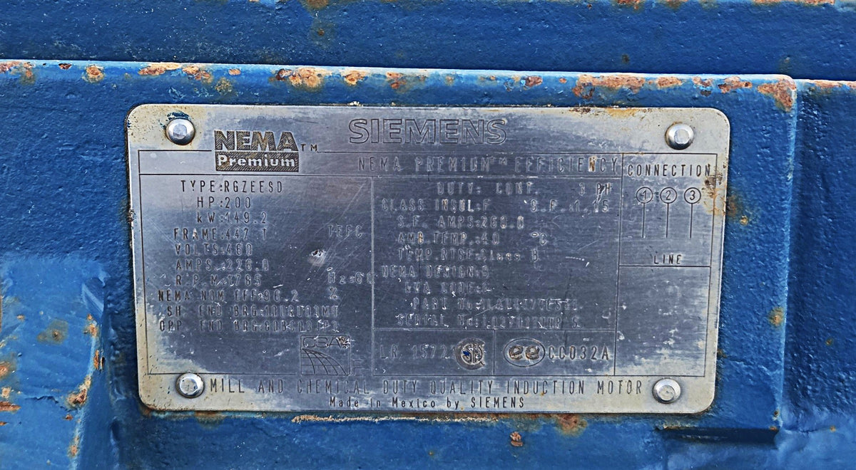 Siemens manufacturer data plate showing Type RGZEESD, 200 HP, 460 Volts, 226 Amps, 1785 RPM, 447T Frame, and Mill/Chemical Duty designation.