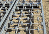  Close-up overhead view of the galvanized steel skatewheels arranged in an alternating 4-wheel and 5-wheel staggered pattern across two longitudinal center support ribs.
