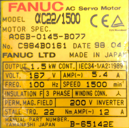 Fanuc AC Servo Motor AC22/1500 A8, 167V, 100Hz, 3PH, 5.7A