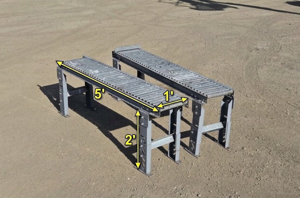 Pair of 5-Foot Gravity Roller Conveyors Adjustable Height & Tilt Legs