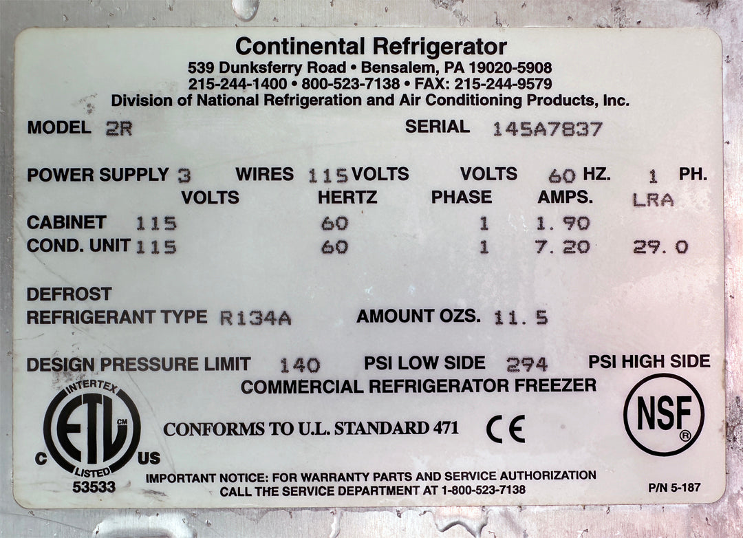 Continental Model 2R Reach-In Refrigerator