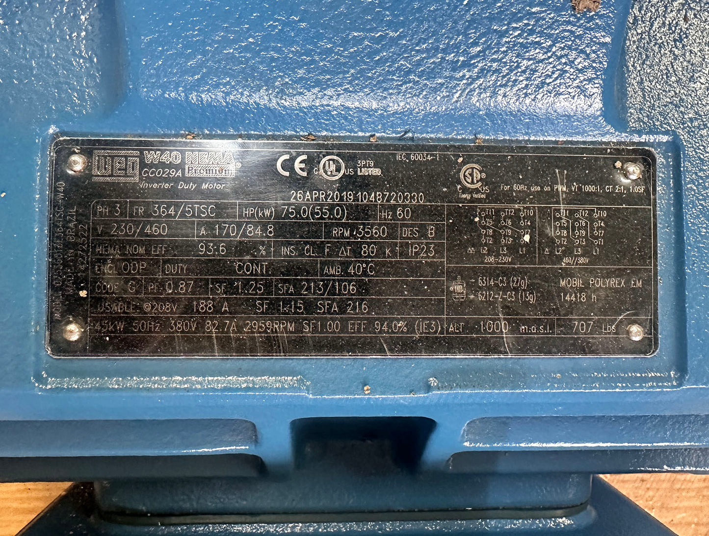 NEW / Unused ~ WEG 07536OT3E364TSC-W40 75 HP Electric Motor