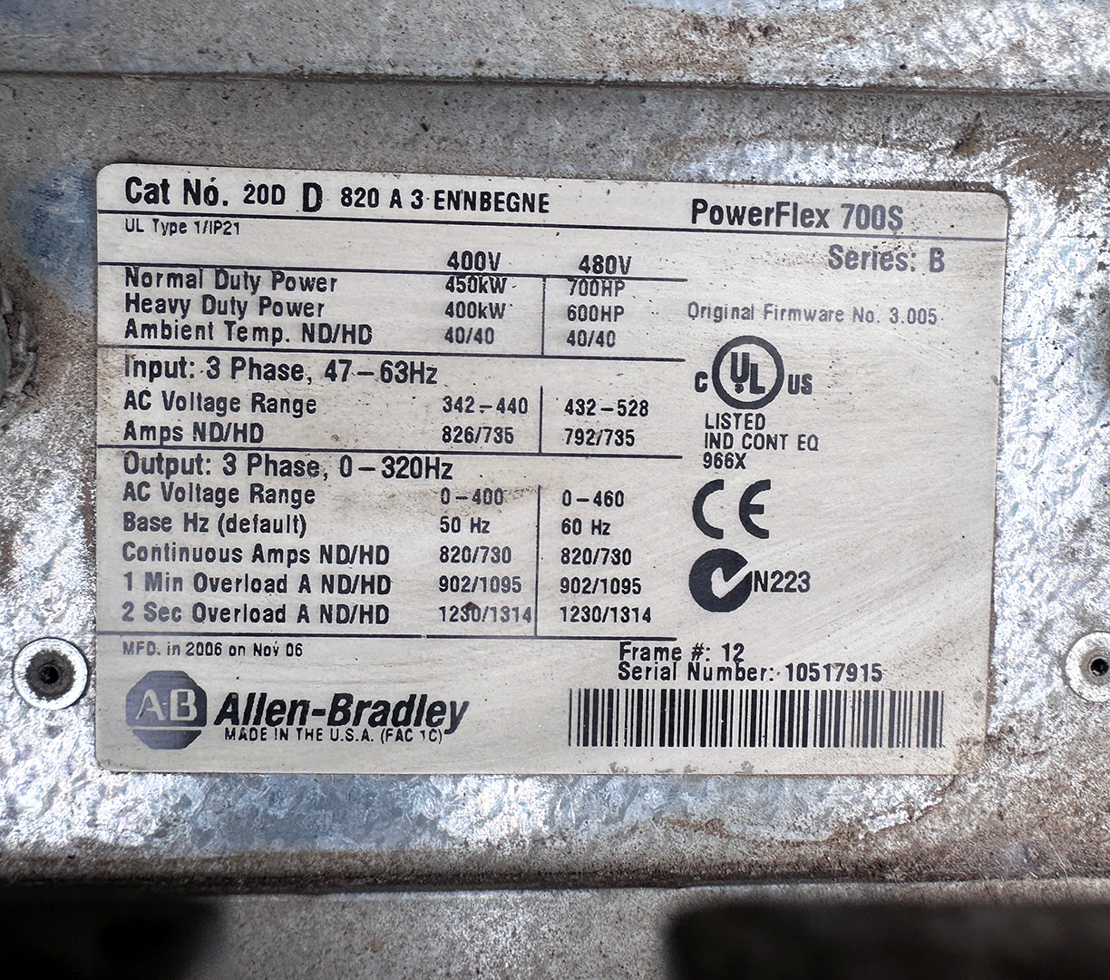 Allen-Bradley PowerFlex 700S VFD in Rittal TS8 Cabinet (Untested / for Parts)