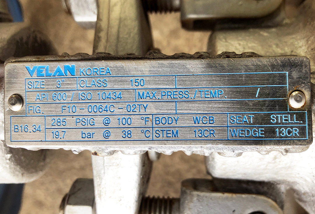 Velan F10-0064C-02TY 3" Class 150 RF Flanged Gate Valve
