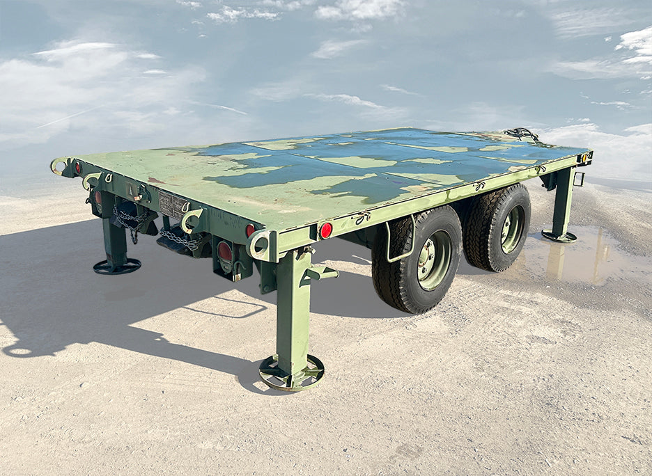 Utility Tool & Body Co M1061A1 5-Ton 4-Wheel Flatbed Trailer NSN 2330-01-207-3533 exterior profile front angle