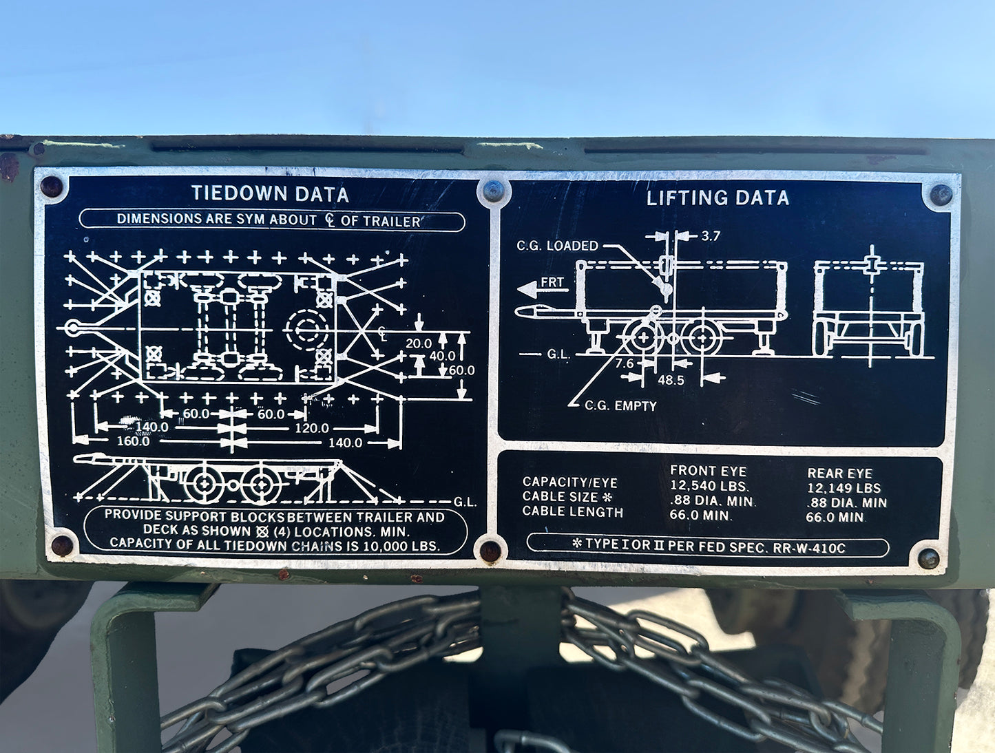 Utility Tool & Body Co M1061A1 5-Ton Flatbed Trailer Tiedown Lifting Data Specification Plate