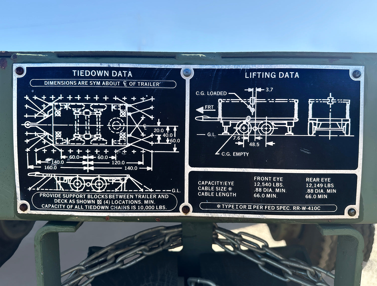 Utility Tool & Body Co M1061A1 5-Ton Flatbed Trailer Tiedown Lifting Data Specification Plate