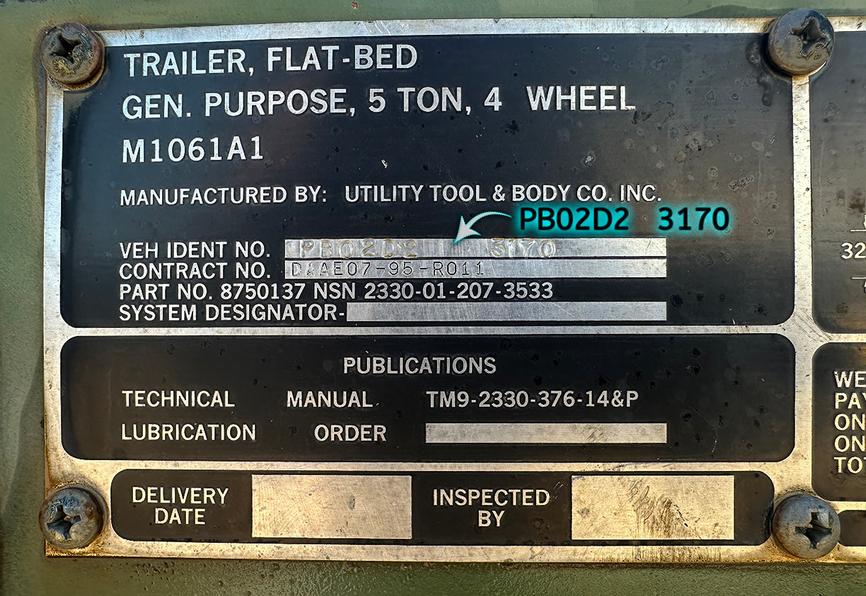 Utility Tool & Body Co M1061A1 5-Ton Flatbed Trailer NSN 2330-01-207-3533 Primary Identification Data Plate