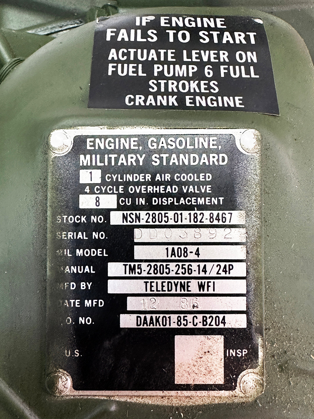 New ~ Military Surplus ~ Teledyne WFI 1A08-4 1-Cylinder Engine