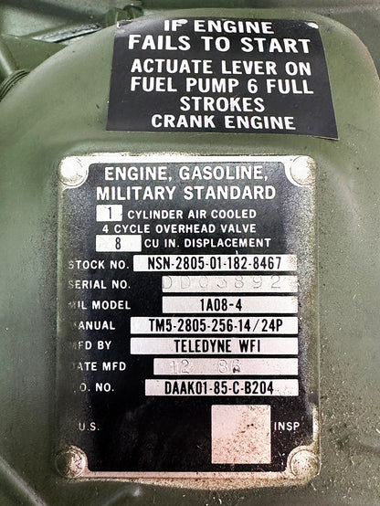 New ~ Military Surplus ~ Teledyne WFI 1A08-4 1-Cylinder Engine