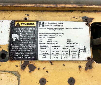 2008 Hyster H150H Forklift w/ Sideshift, Tilt, Fork Positioners