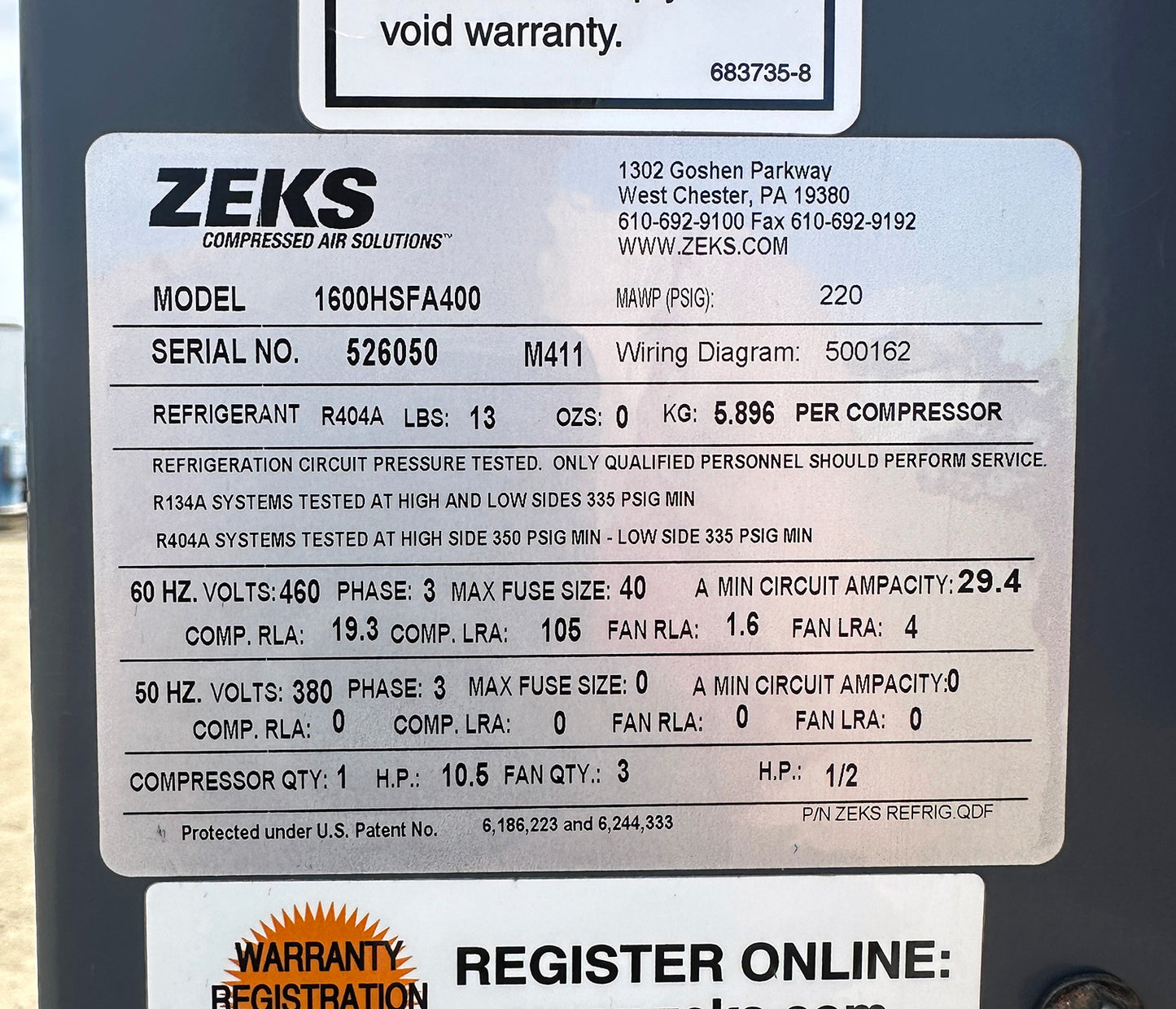 Data Tag for Zeks HeatSink 1600HSFA400 refrigerated air dryer internal refrigeration compressor and heat exchanger 