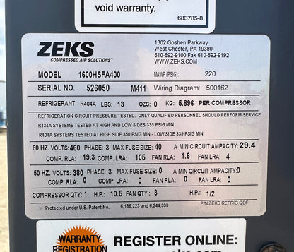 Data Tag for Zeks HeatSink 1600HSFA400 refrigerated air dryer internal refrigeration compressor and heat exchanger 