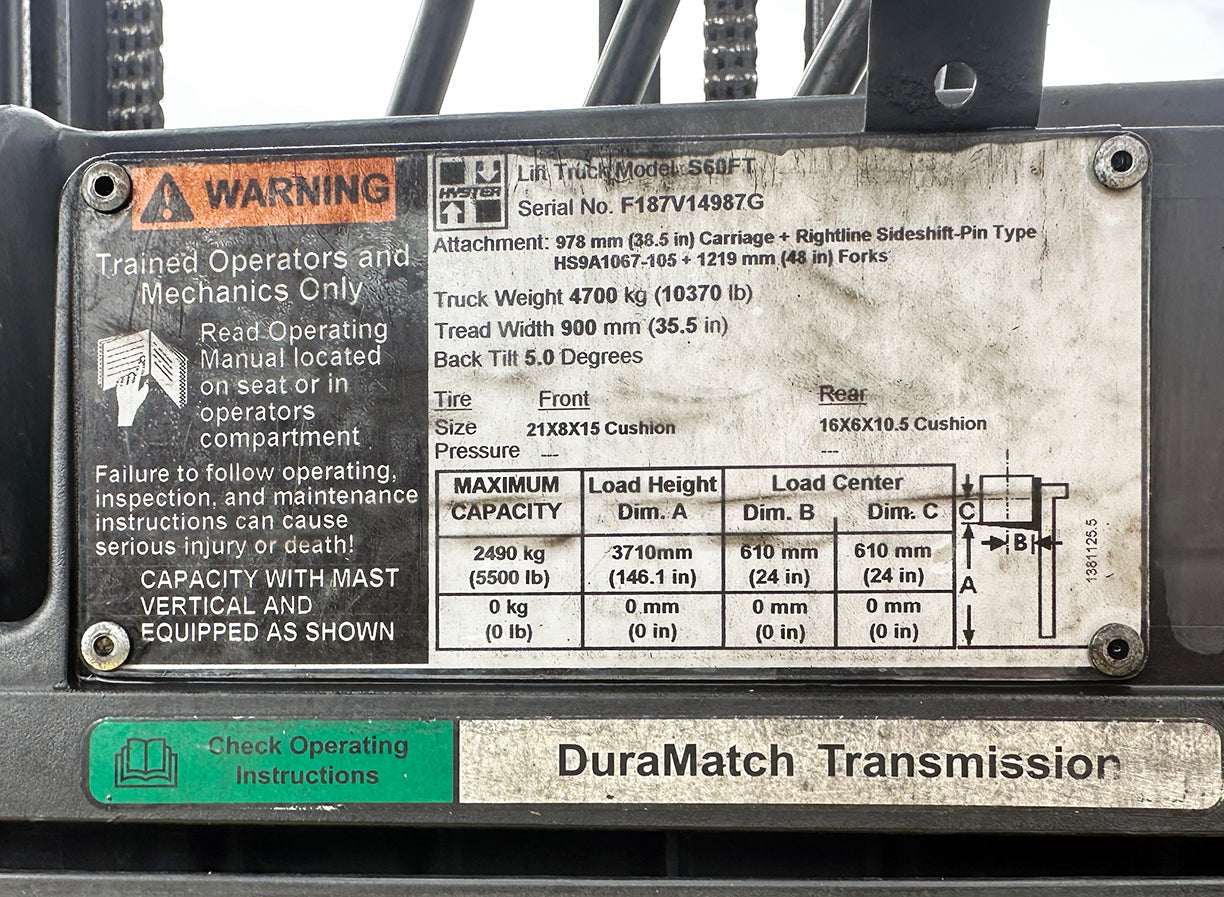 2009 Hyster S60FT 6000 lb. Forklift with Side Shift