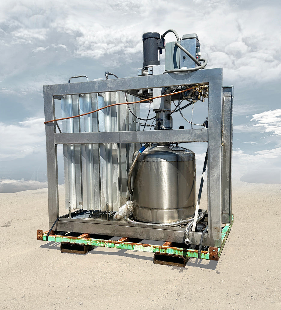 Front Right View]: Andonian Cryogenics HP-40 cryogenic pump and vaporizer skid right side showing aluminum finned heat exchanger and stainless tank.
