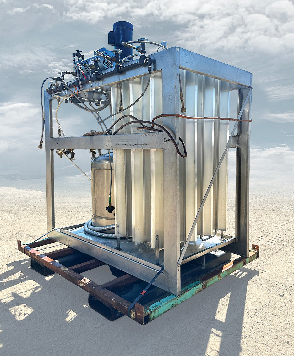 Rear Left View]: Andonian Cryogenics HP-40 cryogenic pump and vaporizer skid left side showing plumbing valves and motor assembly.