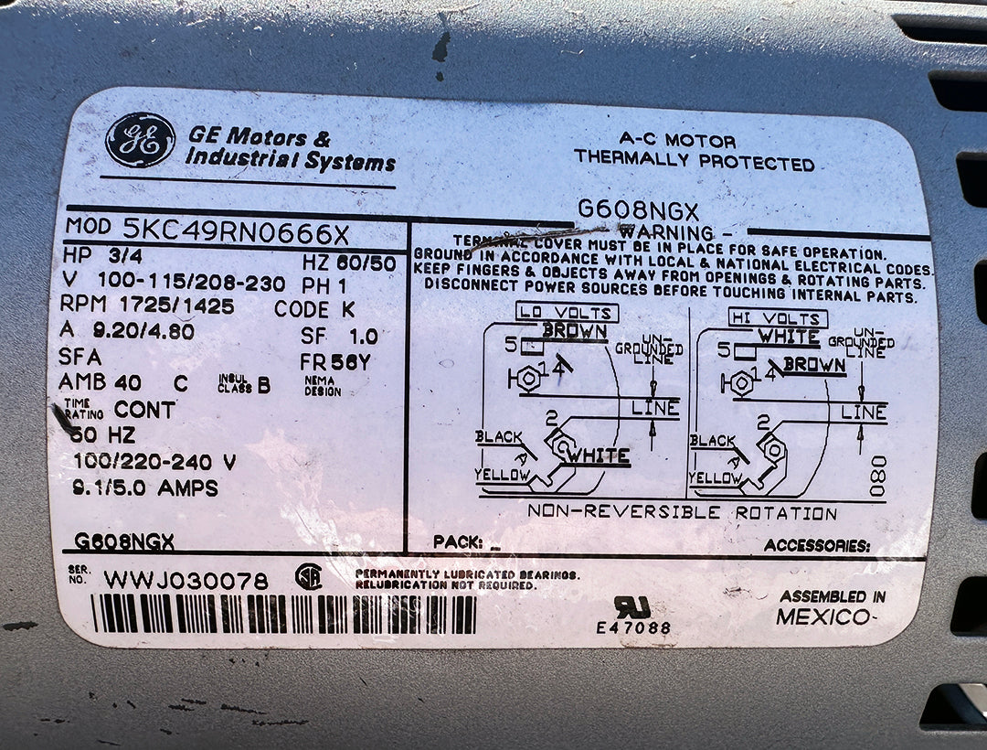 GE Motor Plate]: GE 5KC49RN0666X motor data plate 3/4 HP 115/230V 1 phase 1725 RPM.
