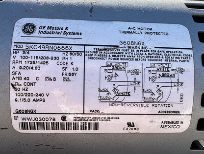GE Motor Plate]: GE 5KC49RN0666X motor data plate 3/4 HP 115/230V 1 phase 1725 RPM.