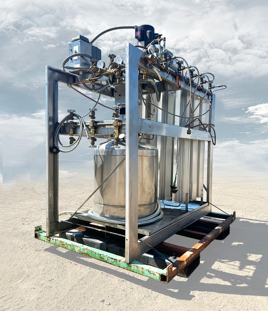 Front Left View]: Andonian Cryogenics HP-40 cryogenic pump and vaporizer skid front left showing top manifold gauges and control box.