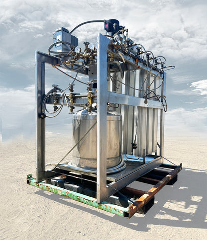 Front Left View]: Andonian Cryogenics HP-40 cryogenic pump and vaporizer skid front left showing top manifold gauges and control box.