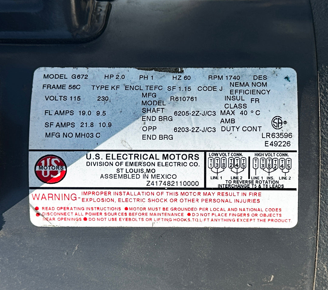 US Motor Plate]: US Electrical Motors G672 data plate 2.0 HP 115/230V 1 phase 1740 RPM.